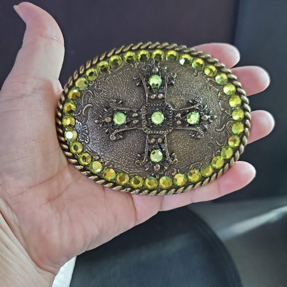 Western Rhinestone Cross Belt Buckle Antique Brass Green Crystals Oval Cowgirl